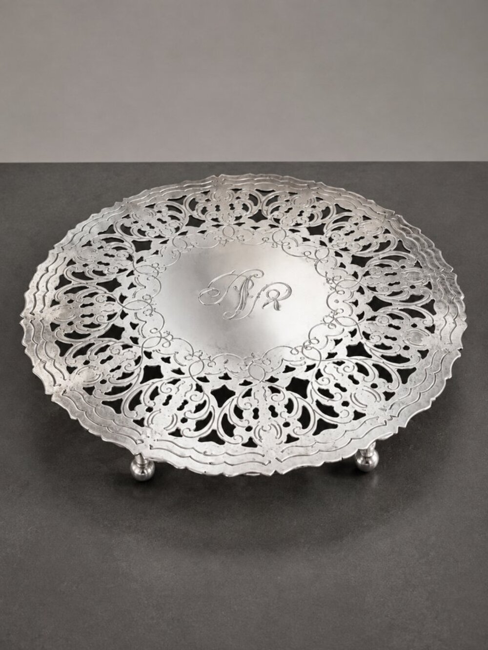 VTG Italian Silver-Plated Filigree Trivet | Ornate Openwork Monogrammed Serving